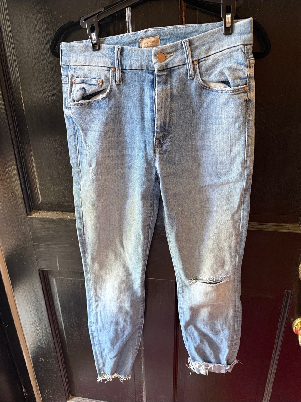 MOTHER Light Blue High-Rise Ankle Jeans with Distressed Hem